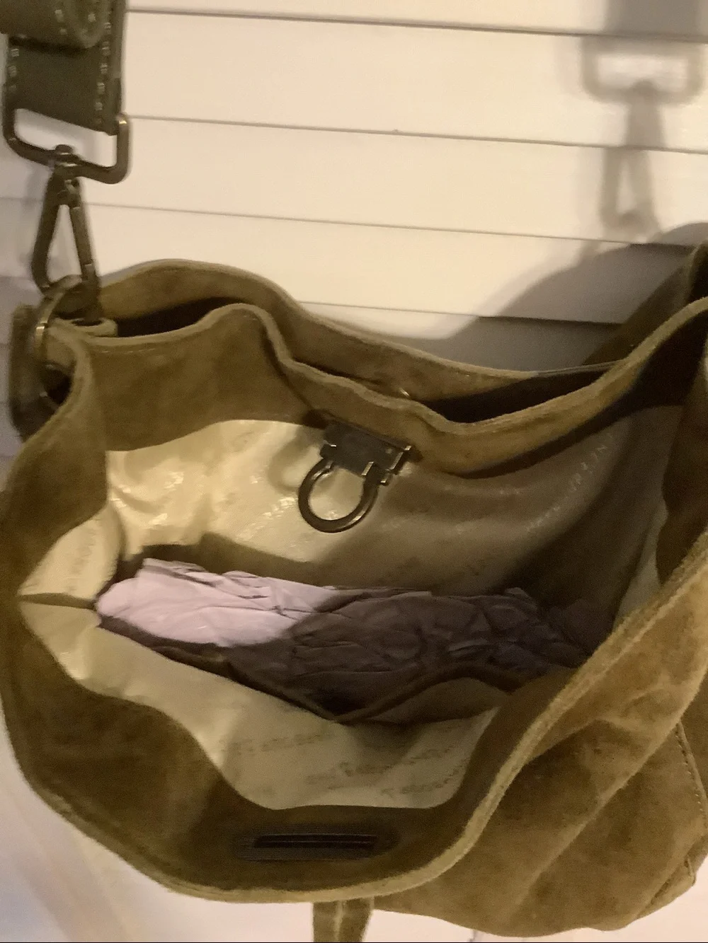 EUC! Suede olive green satchel with gold grommets